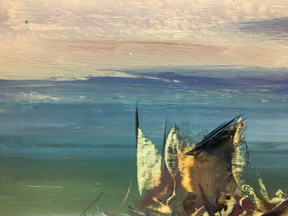 Oil painting Boats by the sea by Zebek Vladimir Evgenievich, abstract blue green ochre