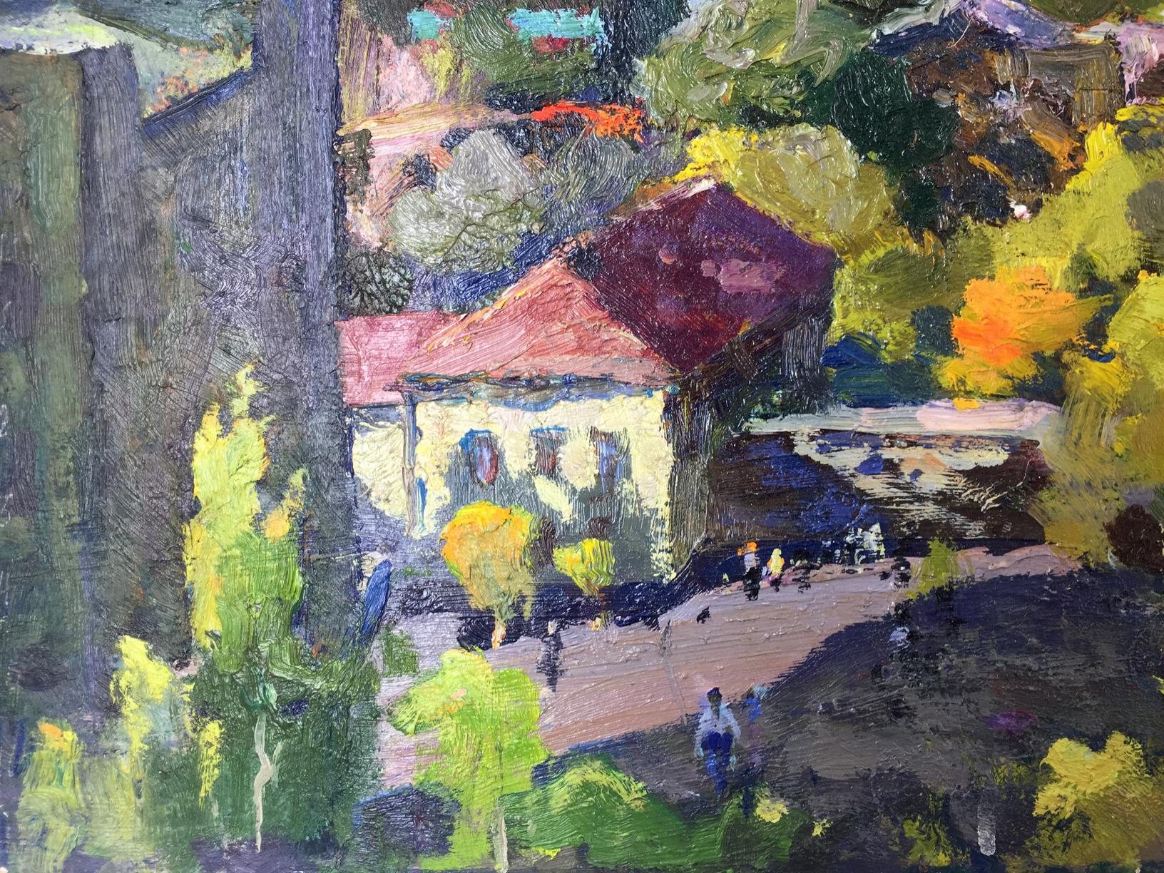 Vibrant impressionist oil painting of rustic house with red roof in lush trees by Speech Port