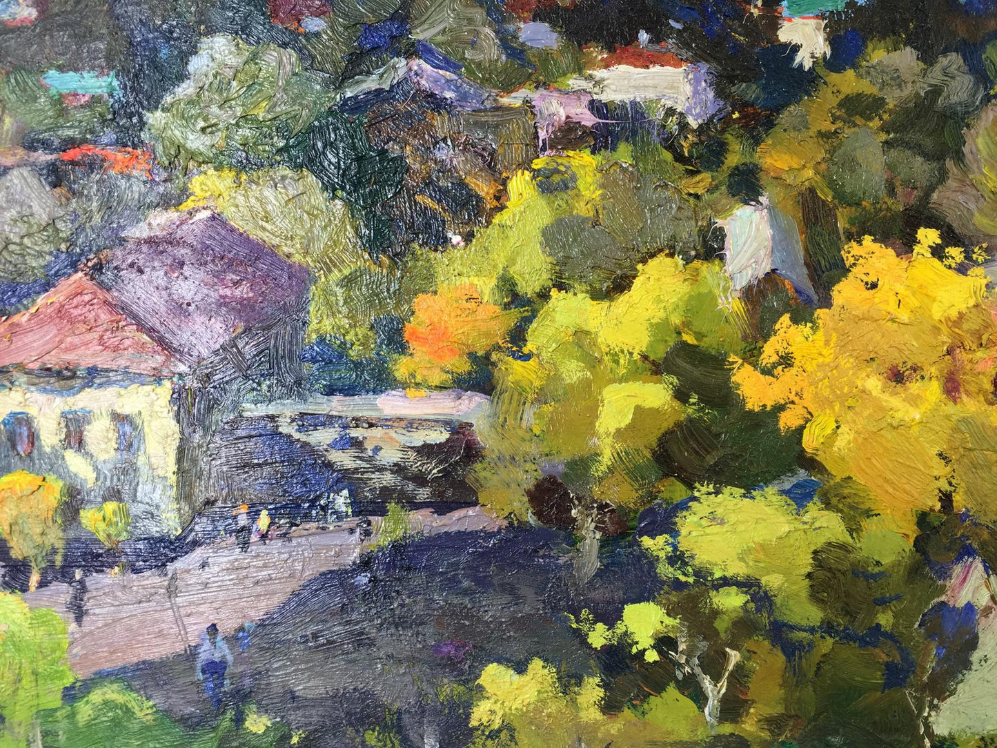 Vibrant impressionist oil painting by Speech Port: village in lush green-yellow trees