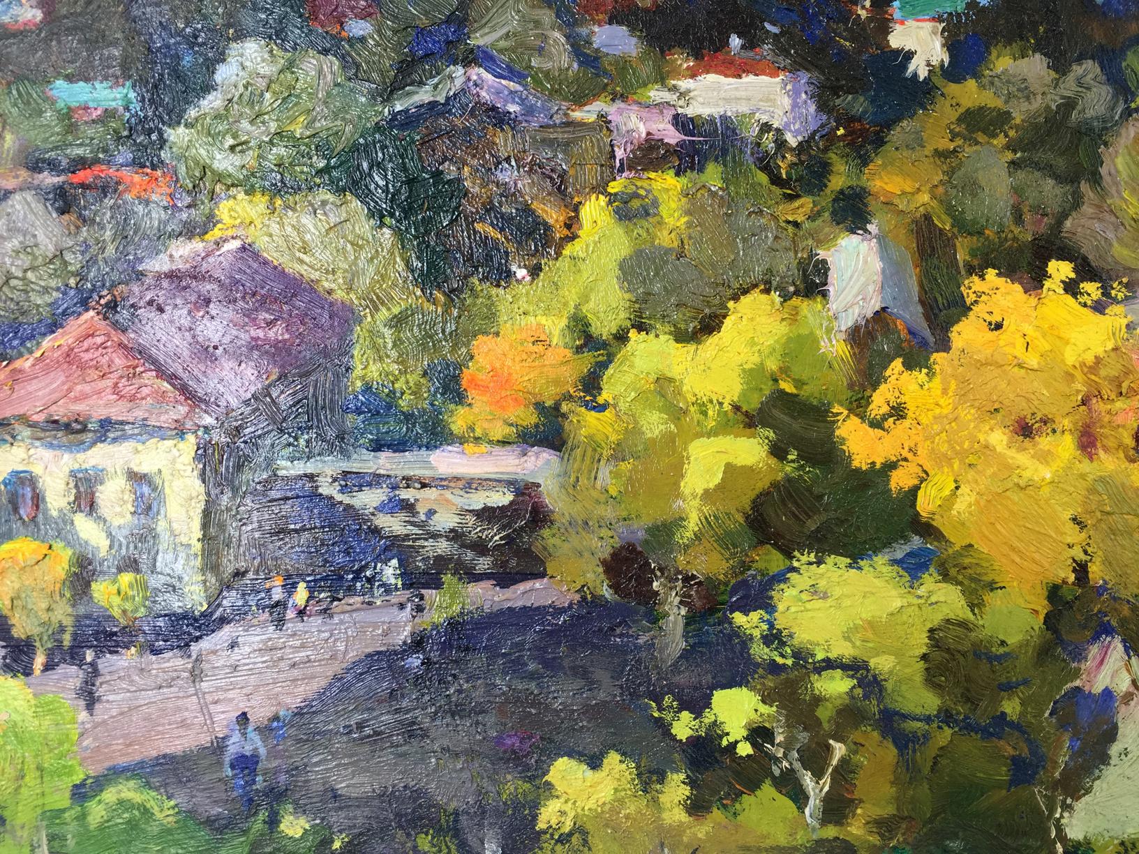 Vibrant impressionist oil painting by Speech Port: village in lush green-yellow trees