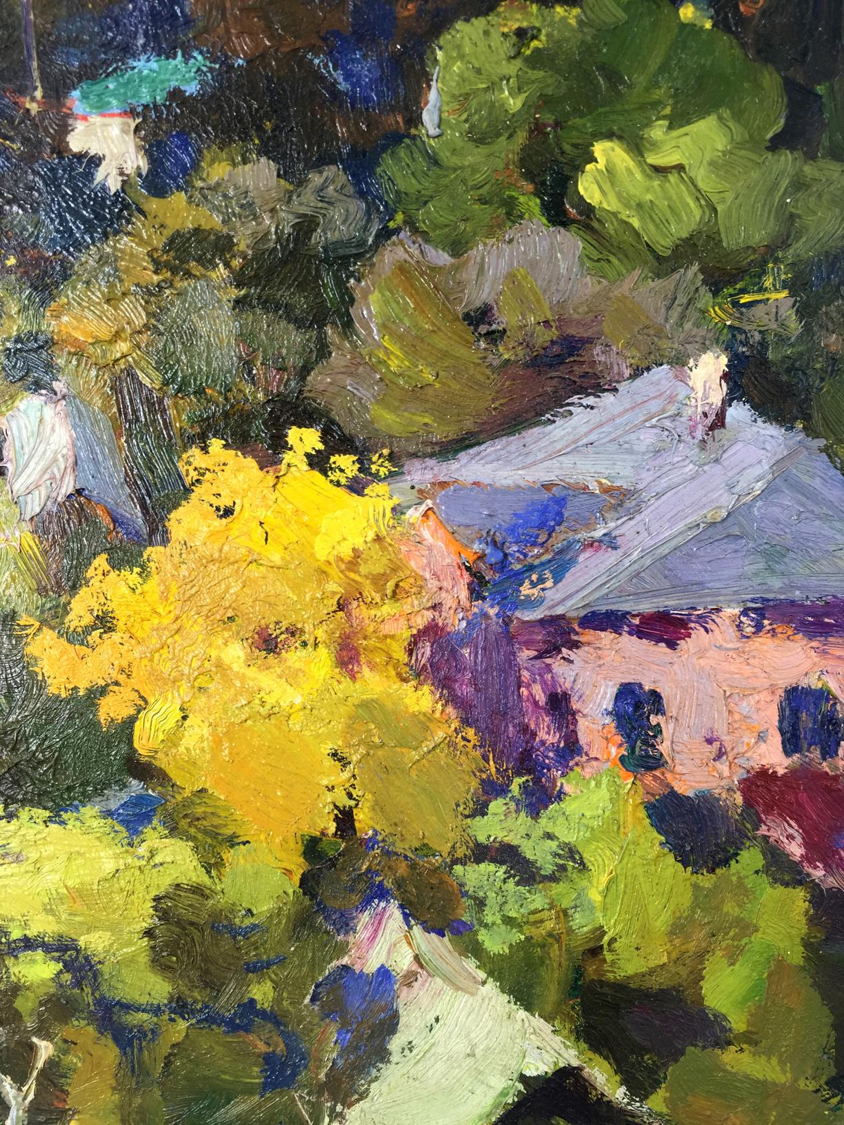 Vibrant impressionist oil painting of pink house with gray roof in lush green foliage