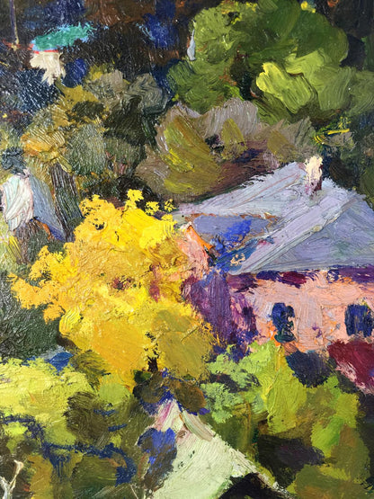 Vibrant impressionist oil painting of pink house with gray roof in lush green foliage