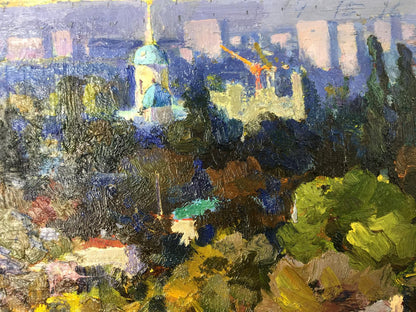 Vibrant impressionistic oil painting of blue-domed cityscape with lush green foliage by Speech Port