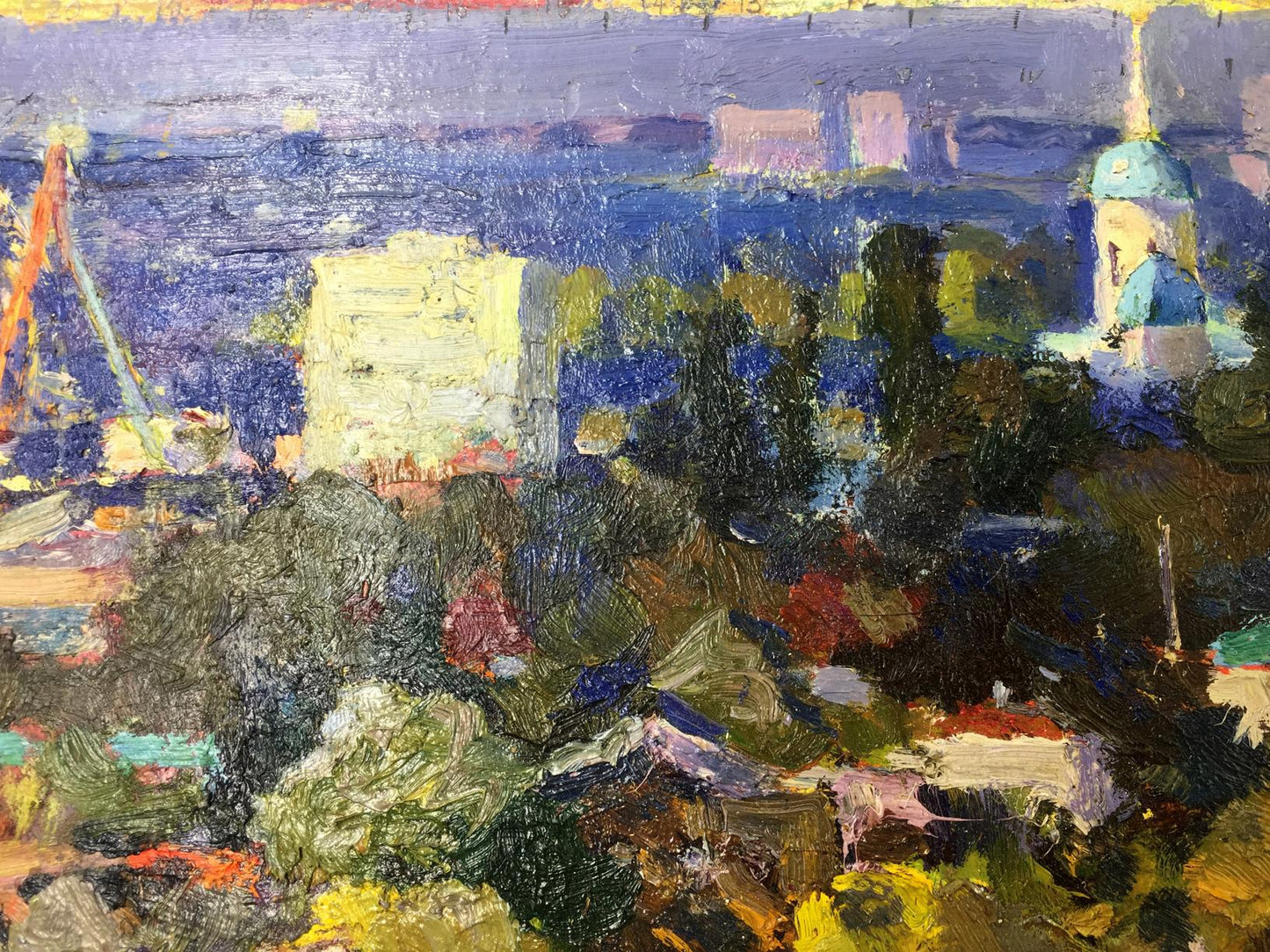 Vibrant impressionistic oil painting Speech Port cityscape in blues and greens