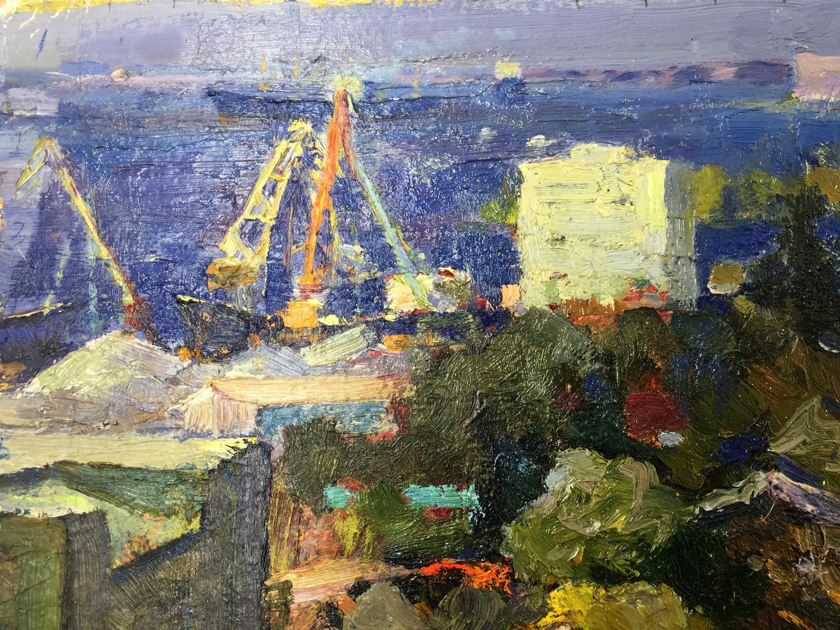 Vibrant impressionist oil painting of Speech Port harbor with orange cranes
