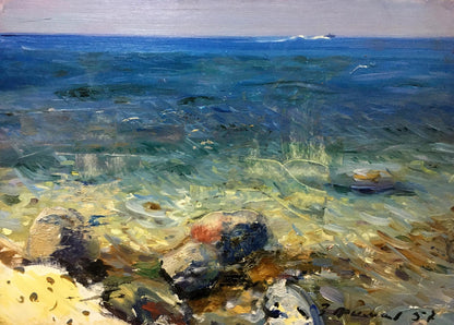 Vibrant impressionist oil painting of sunlit shoreline by Filippov Zinovy Ivanovich