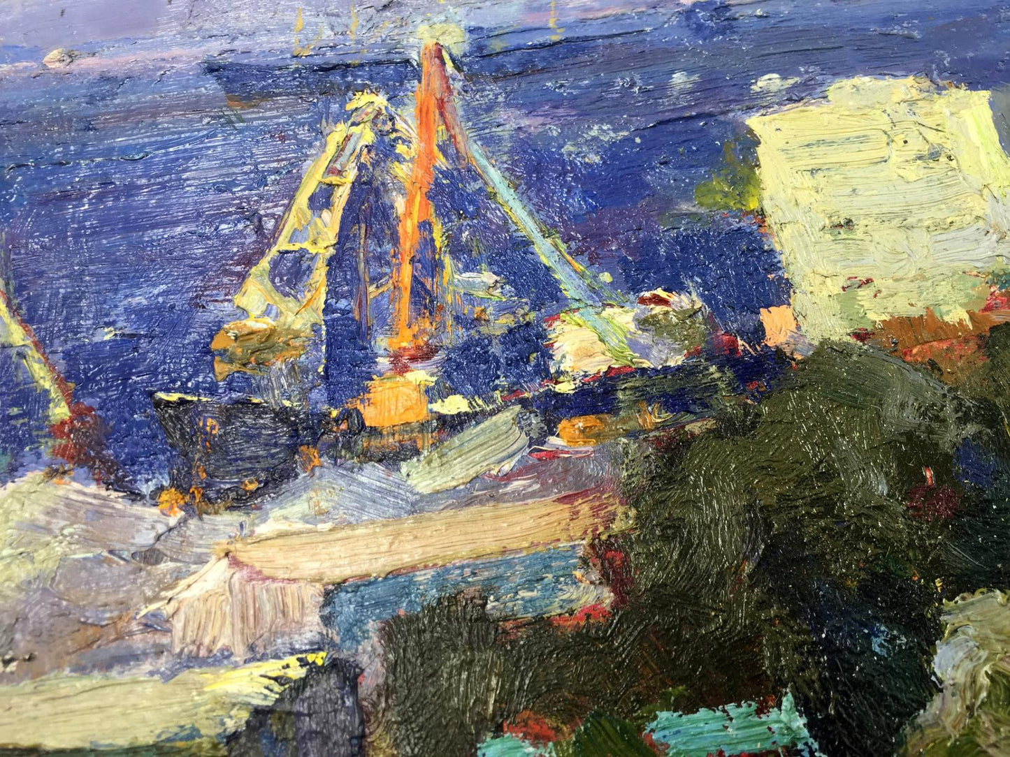 Vibrant impressionist oil painting of fishing boat by Speech Port, orange rigging on blue water