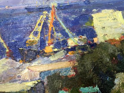Vibrant impressionist oil painting of fishing boat by Speech Port, orange rigging on blue water