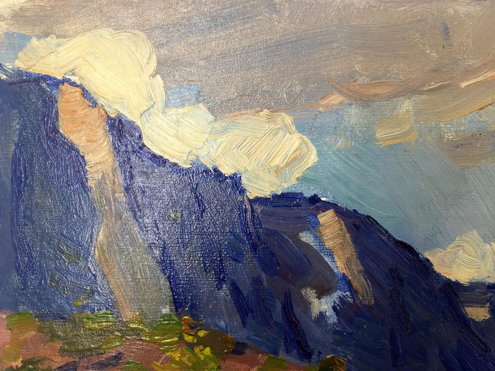 Textured oil painting of Gomol’skiy G.S. mountains in blue hues with clouds