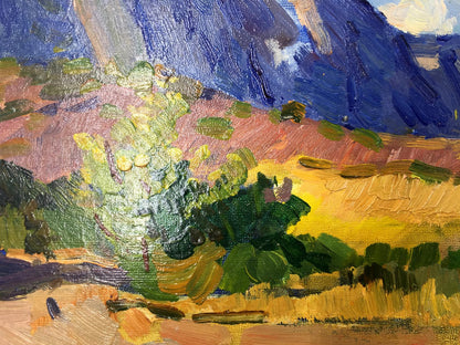 Vibrant impressionist oil painting The mountains Gomol’skiy G. S. with bold colorful brushstrokes
