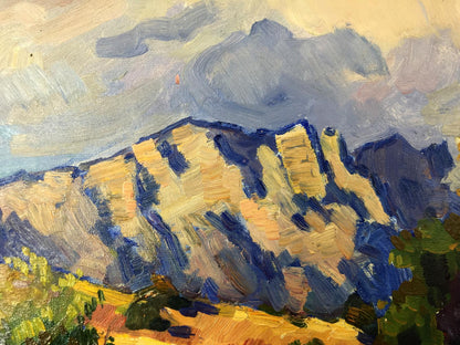 Textured oil painting of Gomol’skiy G.S. mountains in gold and blue