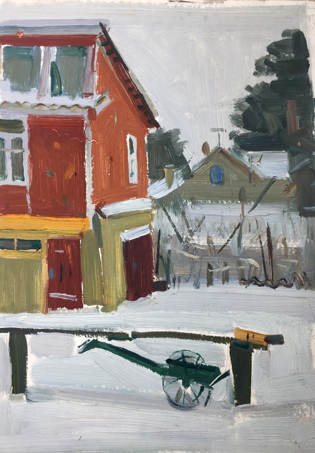 Oil painting by Sergei Alekseevich Grigoriev: green wheelbarrow in snow