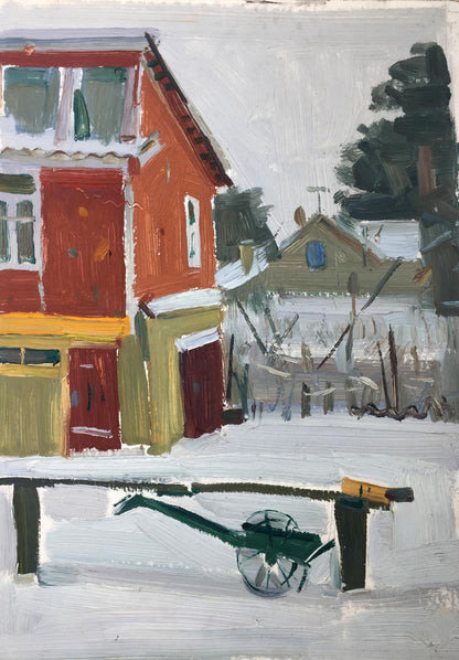 Oil painting by Sergei Alekseevich Grigoriev: green wheelbarrow in snow