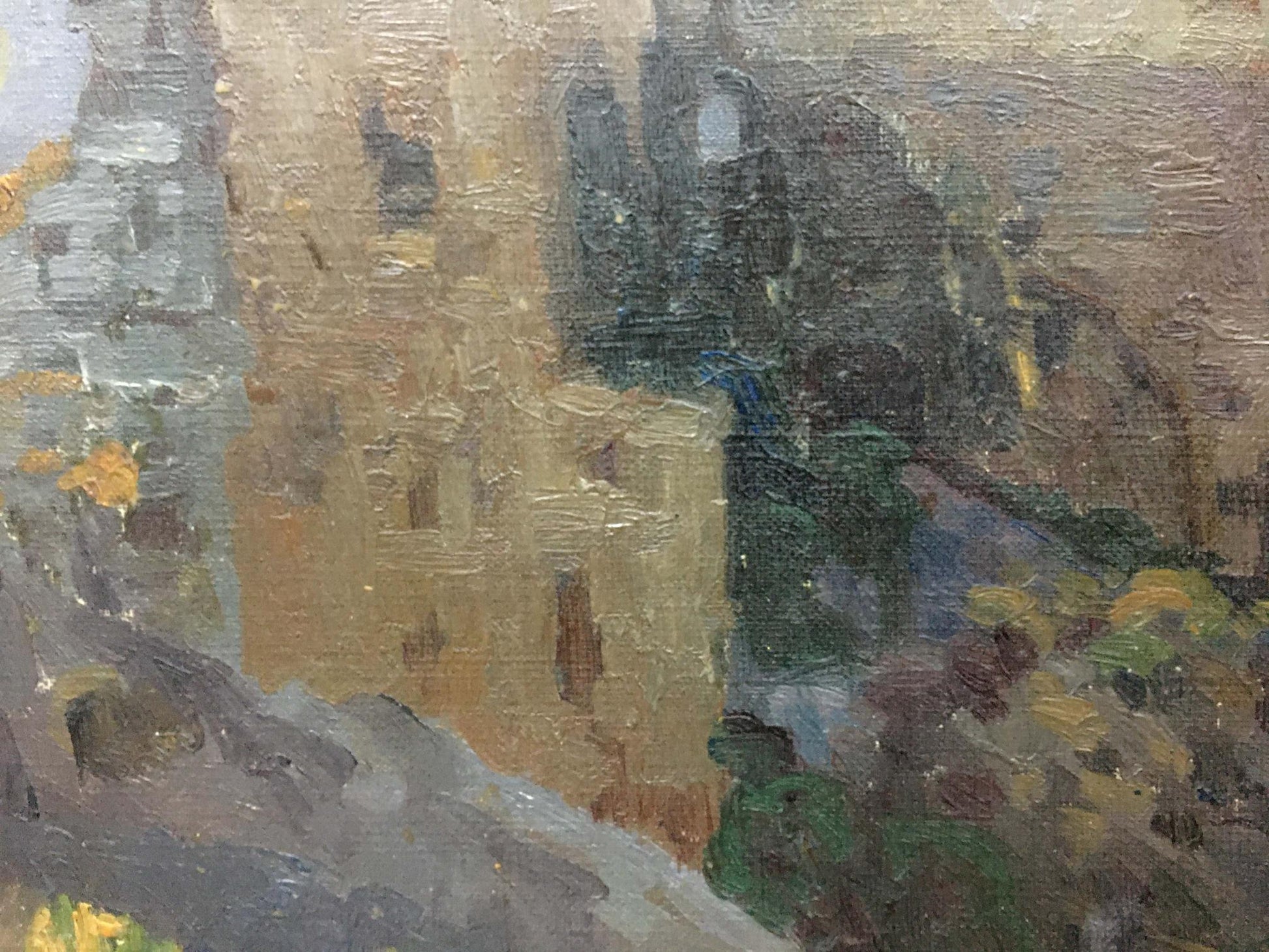 Oil painting of Himona castle ruins by Nikolay Petrovich, textured ochre tones