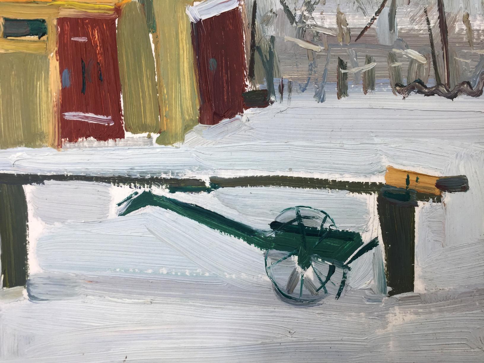 Green wheelbarrow with wooden handle in snow by Sergei Alekseevich Grigoriev