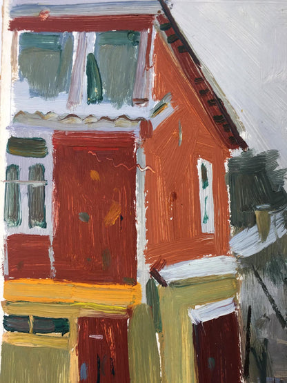 Vibrant impressionistic oil painting of red orange house by Sergei Alekseevich Grigoriev