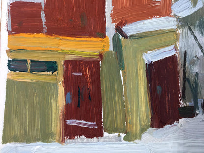 Abstract oil painting by Sergei Alekseevich Grigoriev with bold textured brushstrokes in reds, yellows, greens, whites from artists workshop