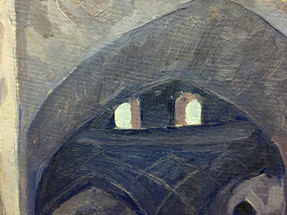 Textured dark gray oil painting Road to the market by Bondarovich Anatoly Martynovich, arched structure with glowing windows