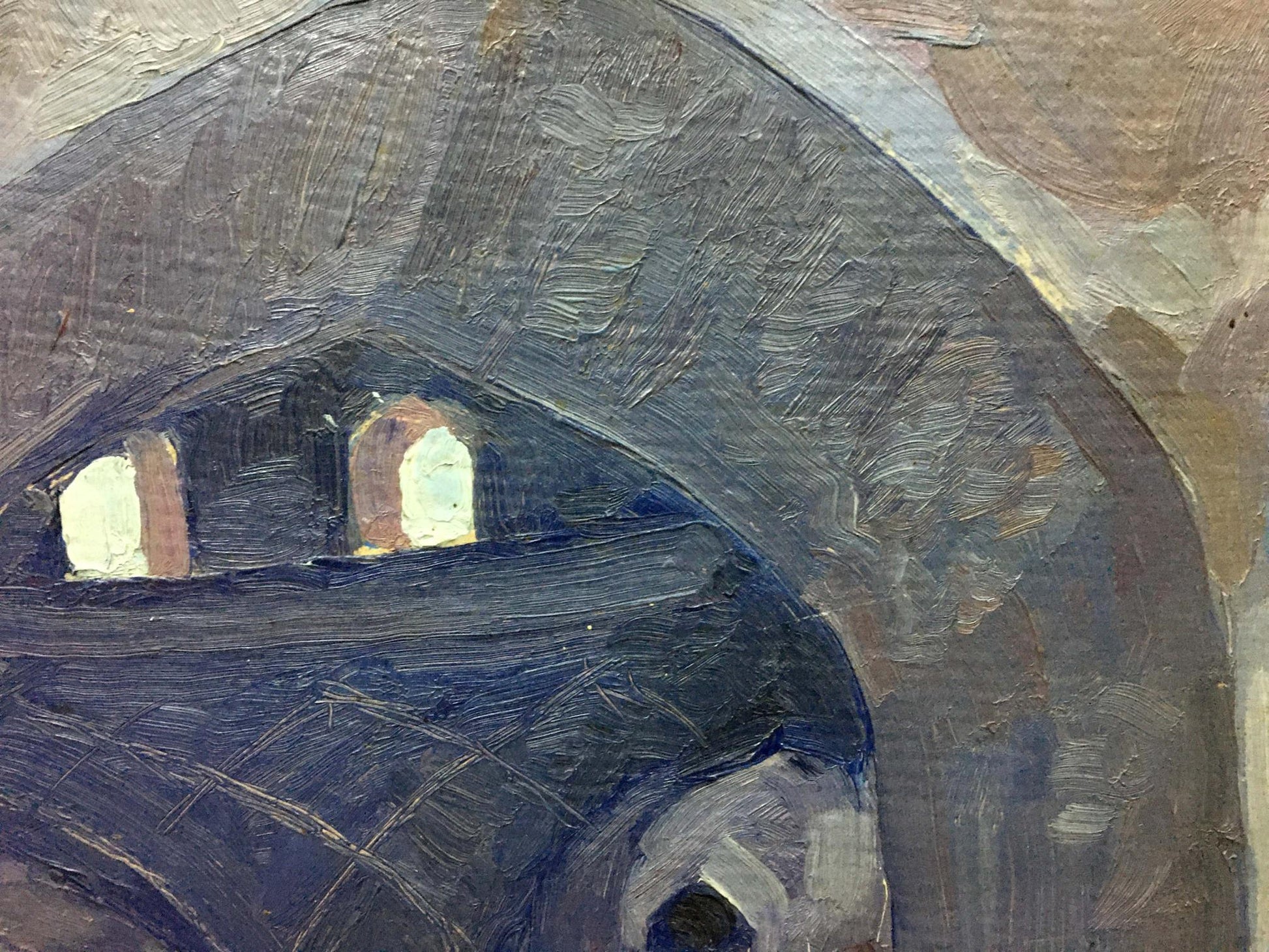 Textured dark gray oil painting of Road to the Market by Bondarovich Anatoly Martynovich, stylized archway with glowing white windows