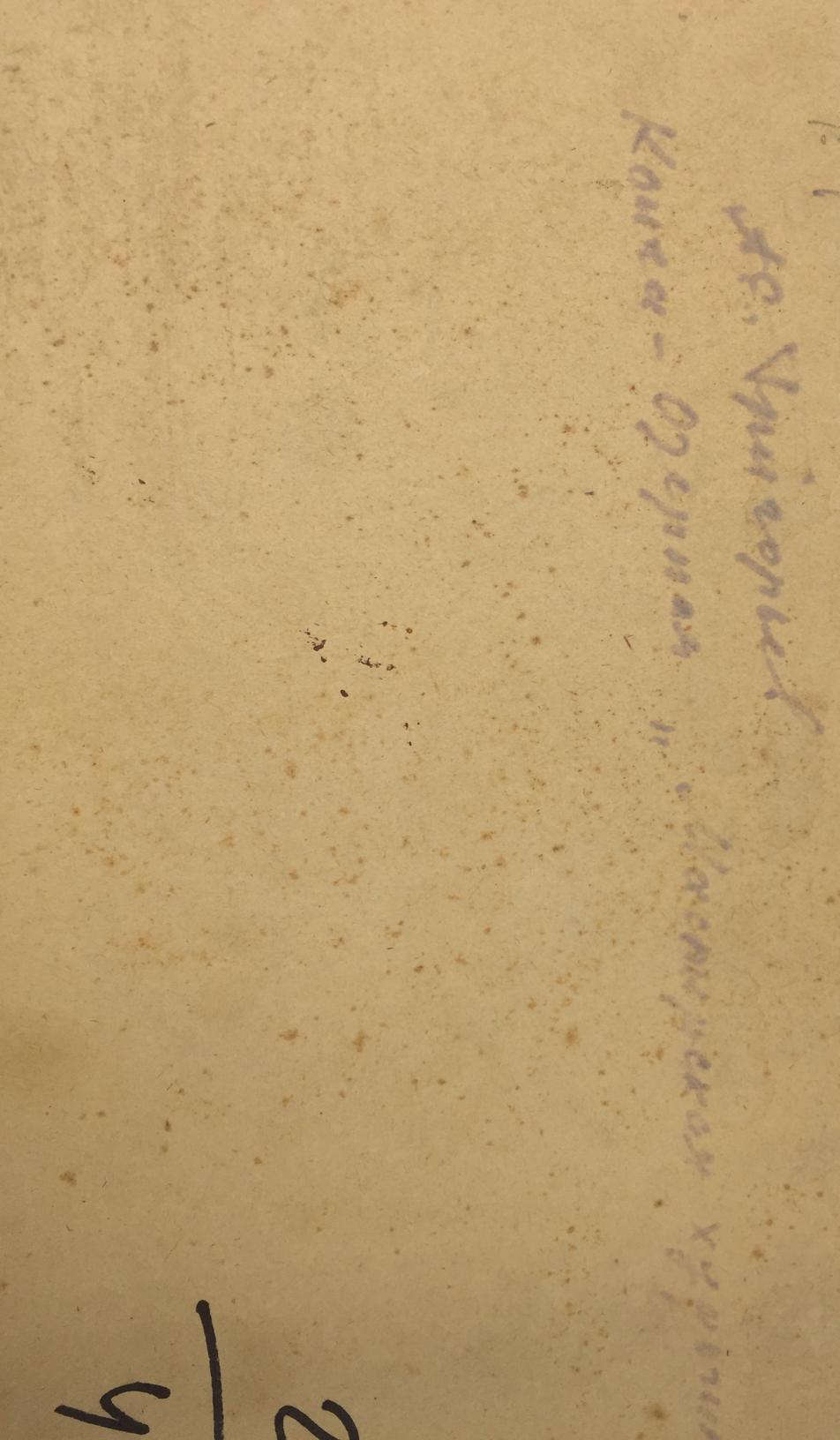 Yellowed aged paper with faint ink script on back of Grigoriev oil painting
