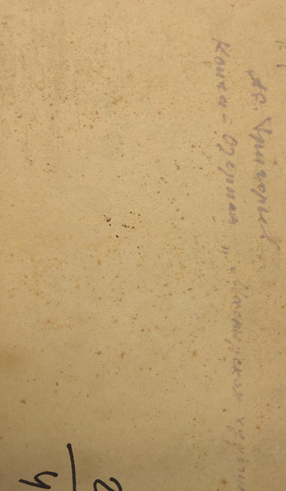 Yellowed aged paper with faint ink script on back of Grigoriev oil painting