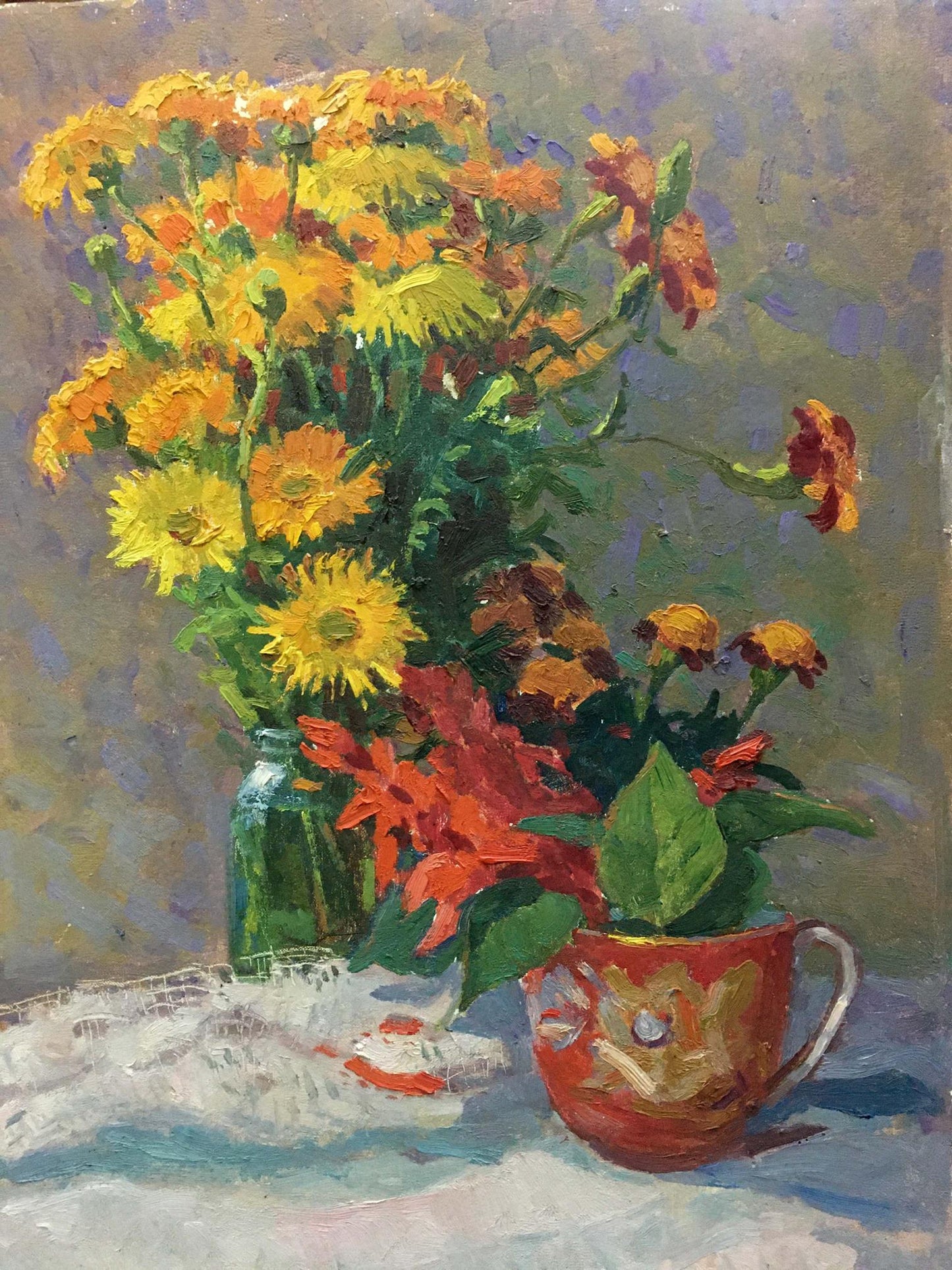Oil painting by Kozik Victor Georgievich: yellow orange daisies in green vase, red foliage mug