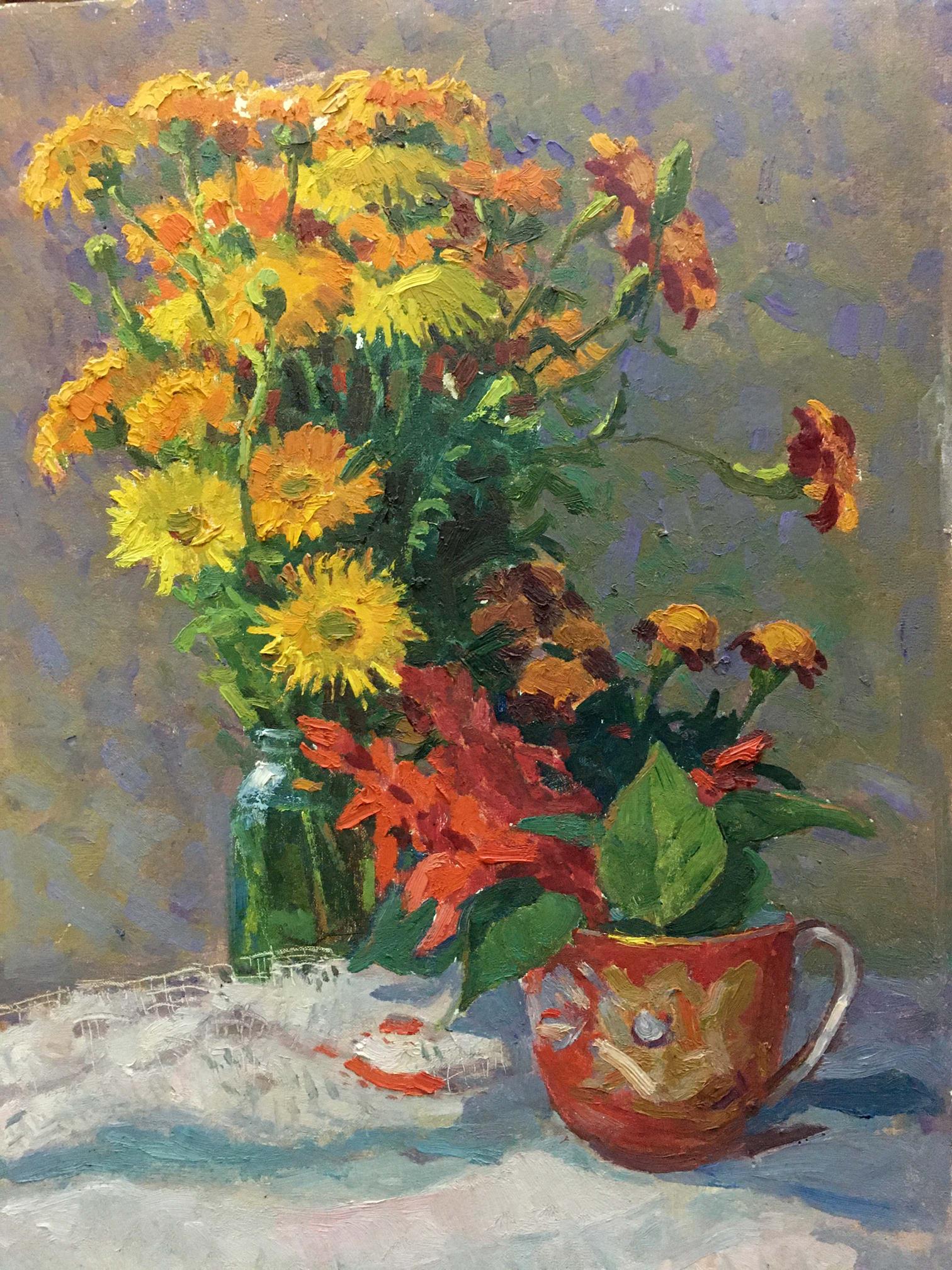 Oil painting by Kozik Victor Georgievich: yellow orange daisies in green vase, red foliage mug