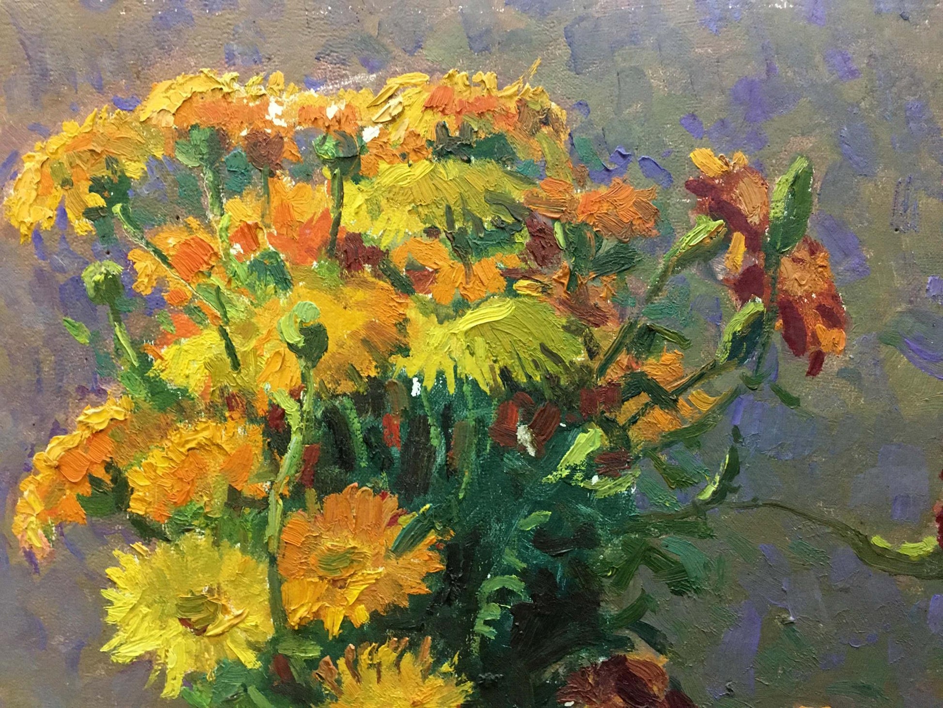 Oil painting of daisies by Kozik Victor Georgievich, vibrant yellow bouquet