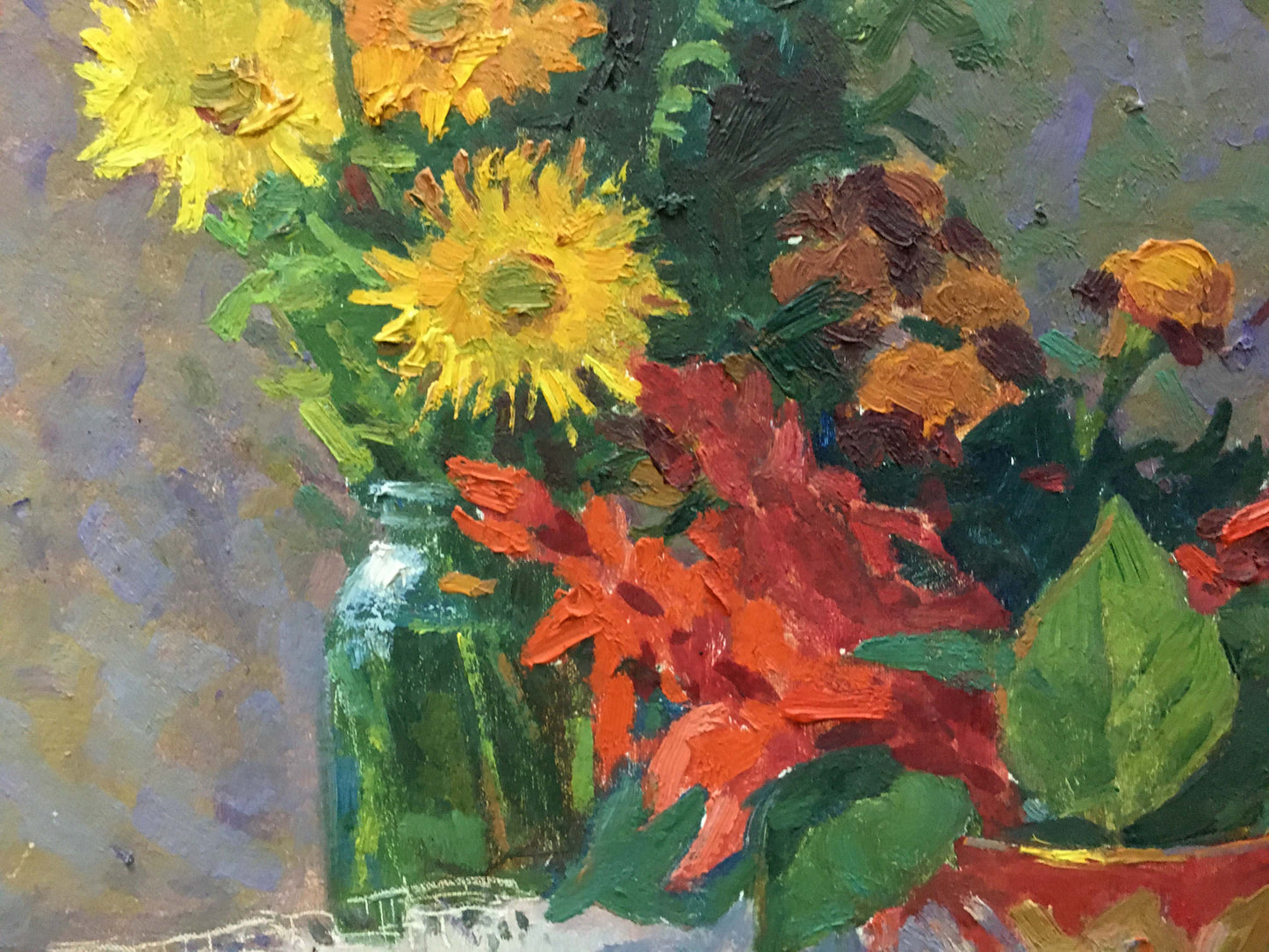 Oil painting of vibrant yellow orange sunflowers in green jar by Kozik Victor Georgievich