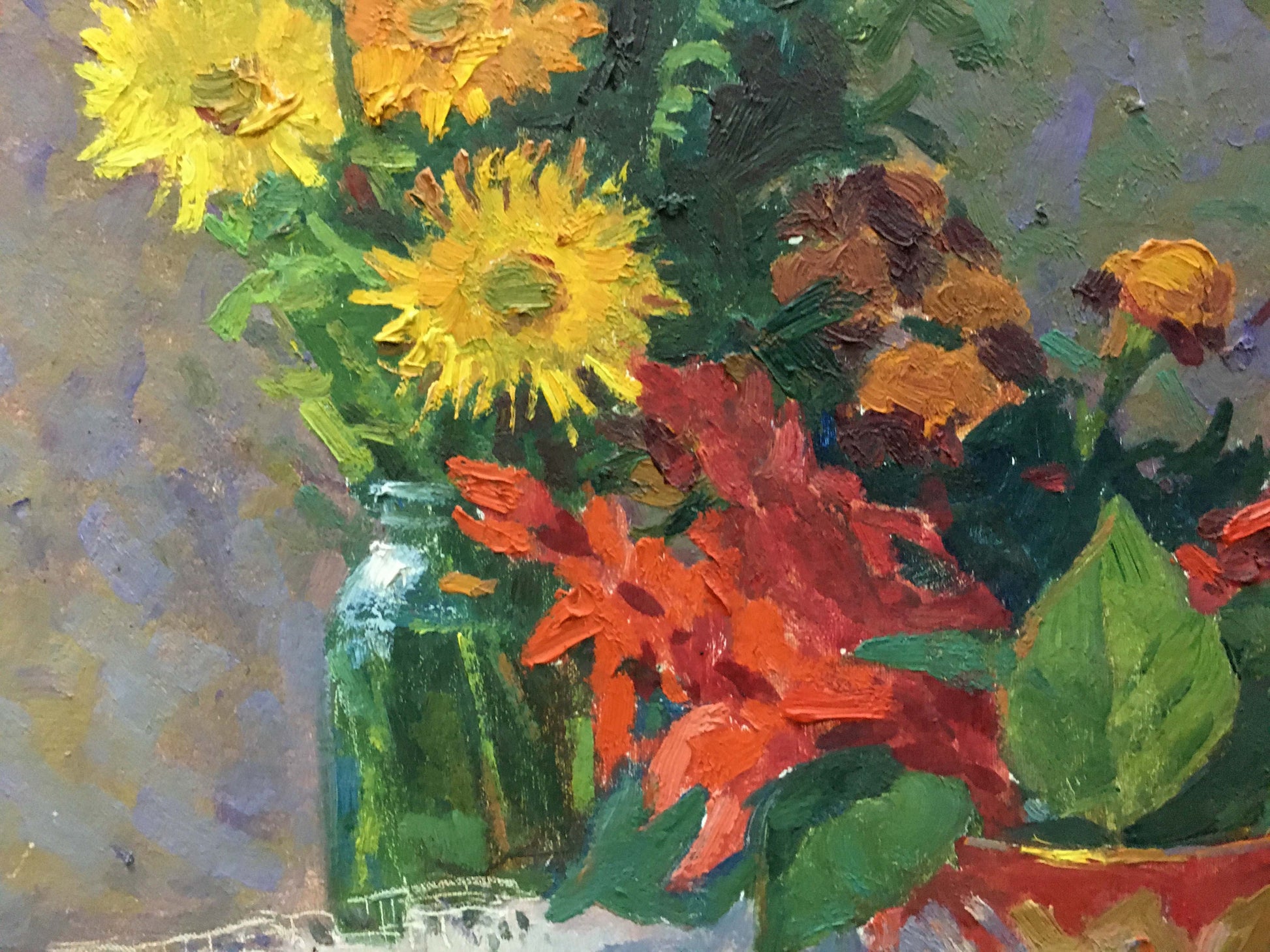 Oil painting of vibrant yellow orange sunflowers in green jar by Kozik Victor Georgievich