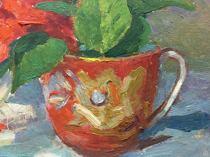 Oil painting Daisies Kozik by Victor Georgievich: vibrant red teacup