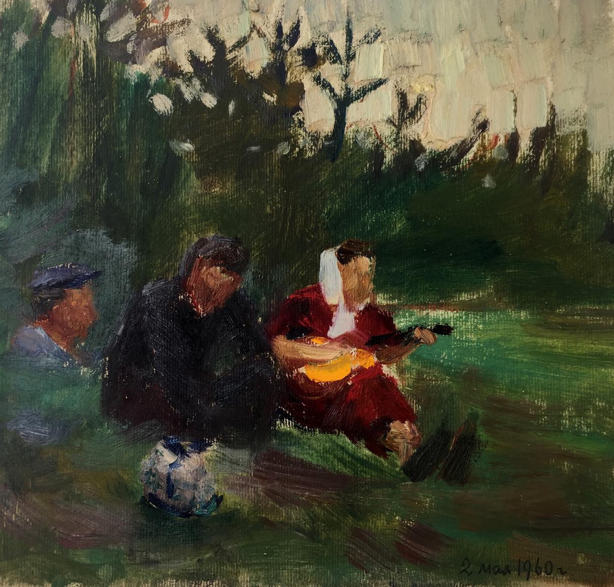 Oil painting by Tkachenko E: woman in red dress, white headscarf playing yellow guitar outdoors
