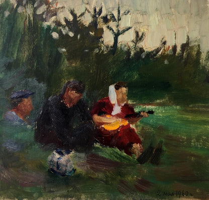 Oil painting by Tkachenko E: woman in red dress, white headscarf playing yellow guitar outdoors