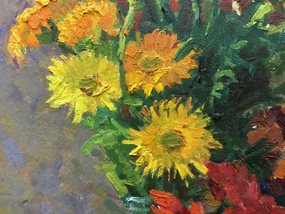 Vibrant yellow orange sunflowers oil painting by Kozik Victor Georgievich