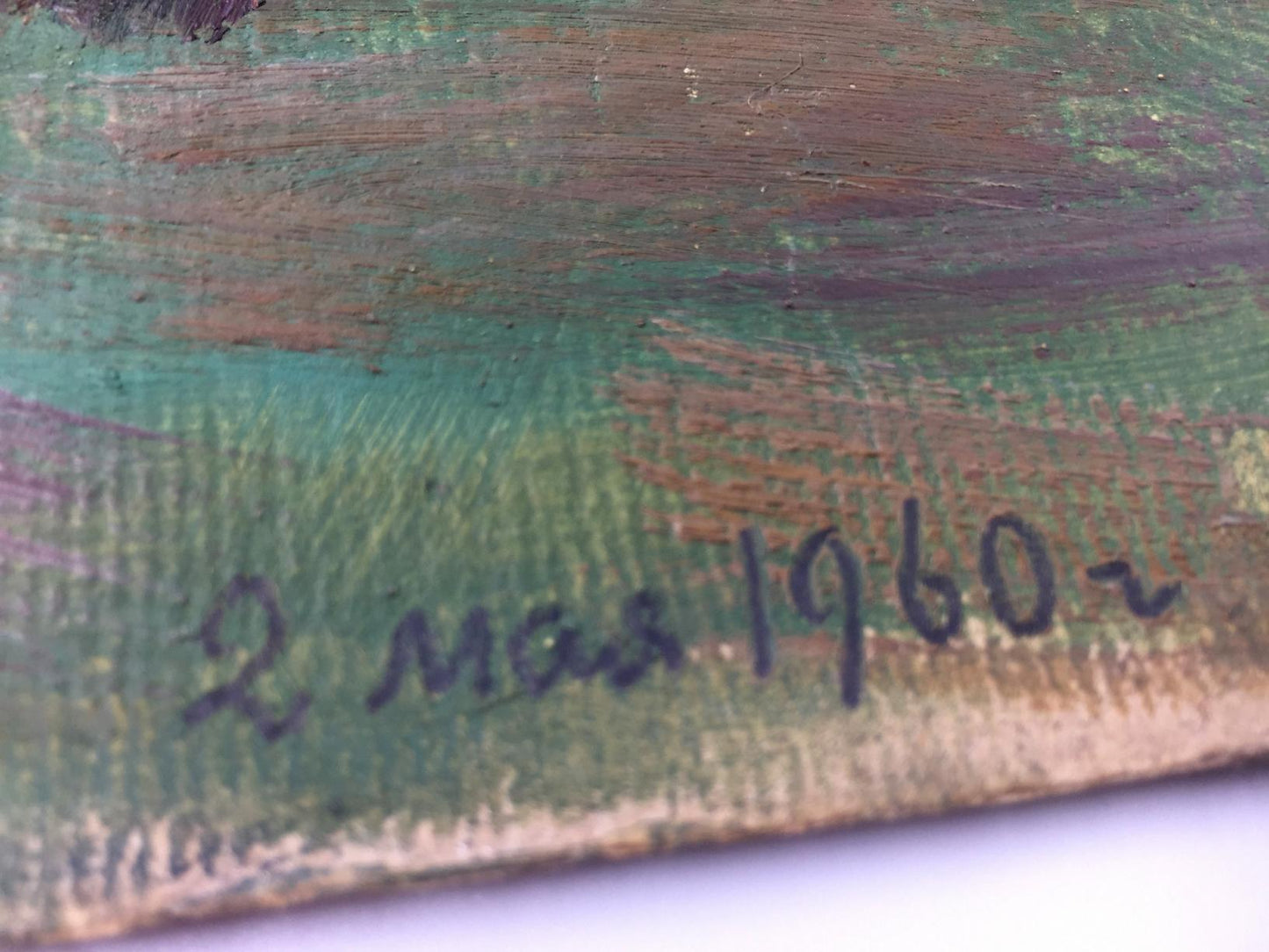 Back of hand-painted Tkachenko oil painting panel signed 2 maya 1960 g