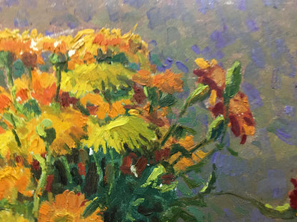 Vibrant oil painting of yellow orange daisies by Kozik Victor Georgievich