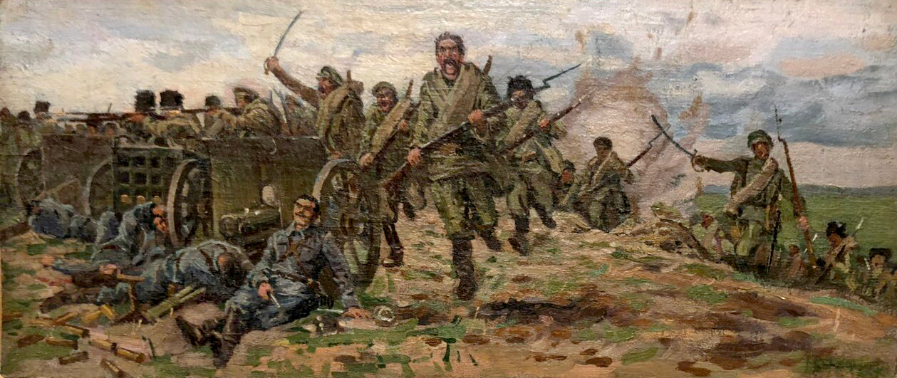Oil painting War Buryachok Ivan Martynovich: soldiers advance in battle