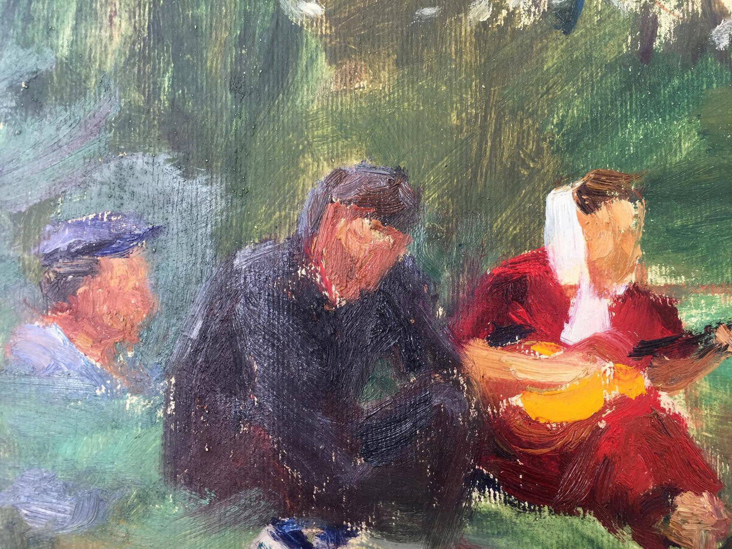 Impressionistic oil painting of three figures in nature by Tkachenko E
