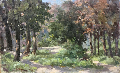 Oil painting Forest D. Nevkrytyy: sunlit path in textured green forest