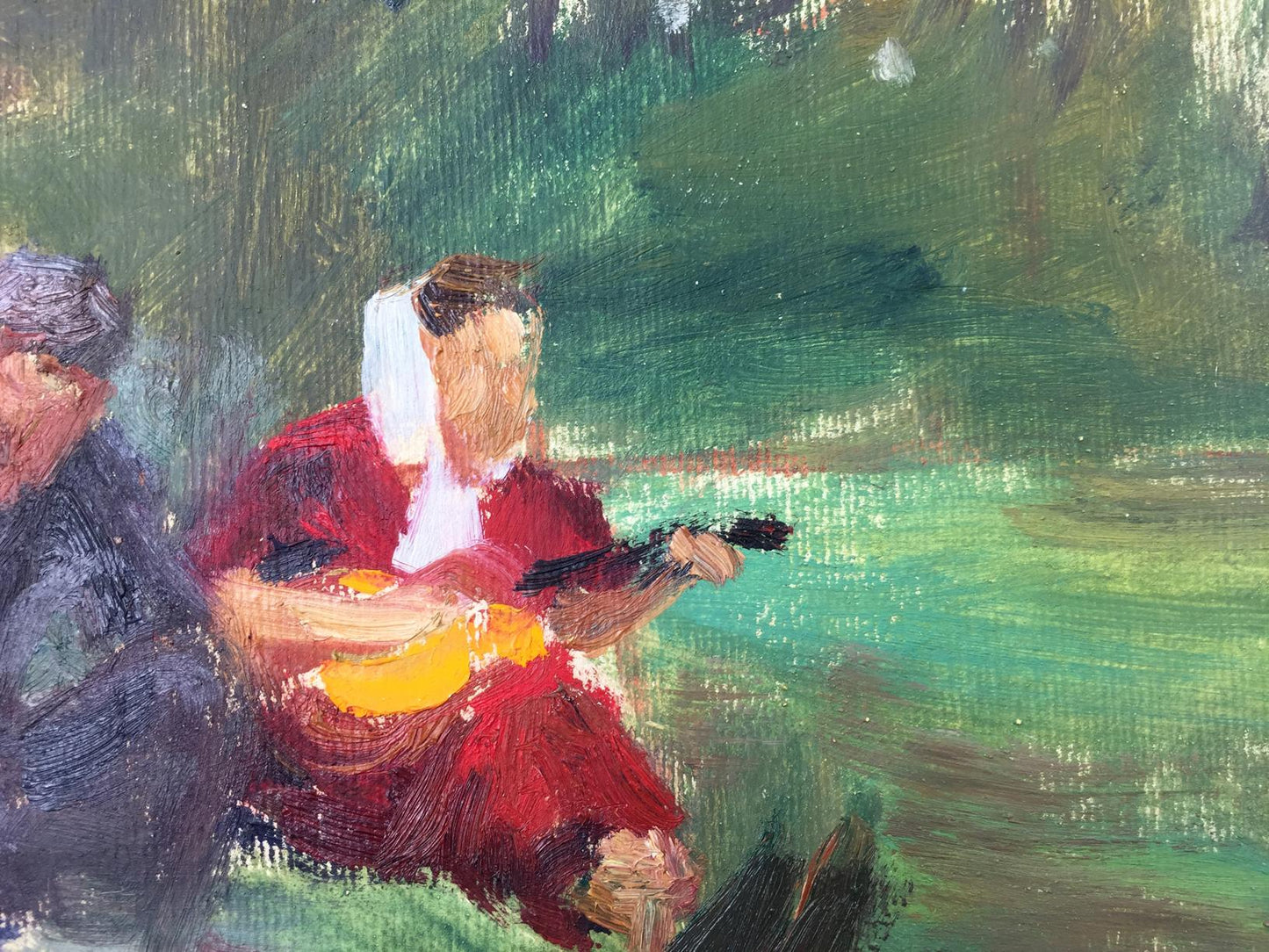 Oil painting by Tkachenko E: Woman in red dress, white headscarf playing yellow guitar