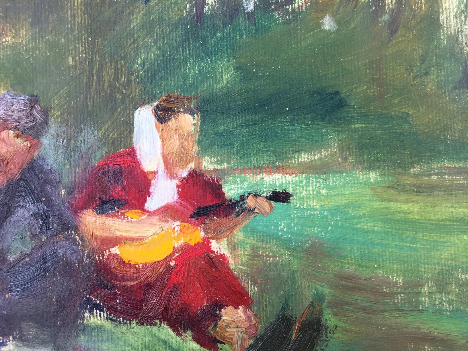 Oil painting by Tkachenko E: Woman in red dress, white headscarf playing yellow guitar