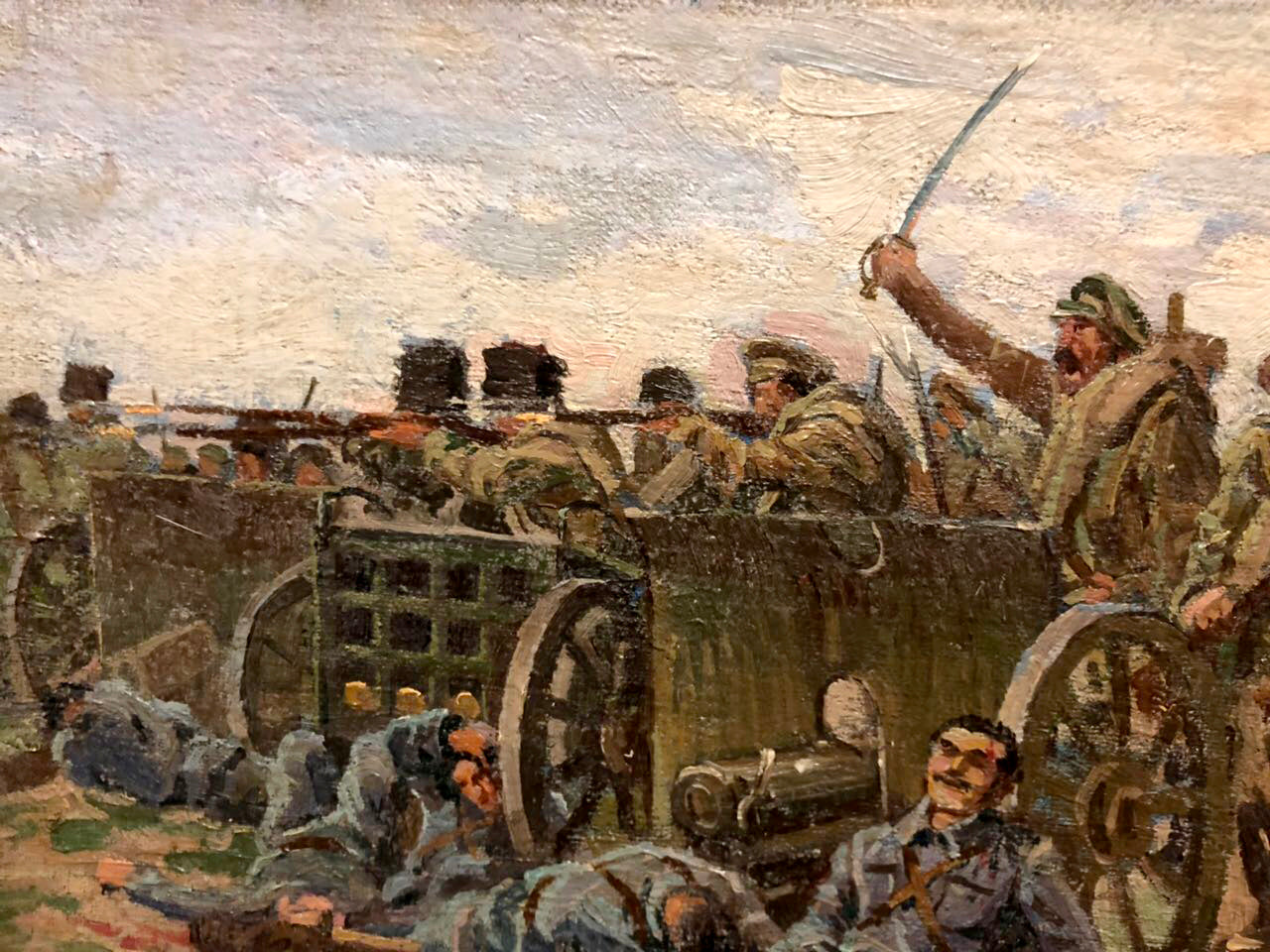 Oil painting by Buryachok Ivan Martynovich: soldiers on artillery carriage