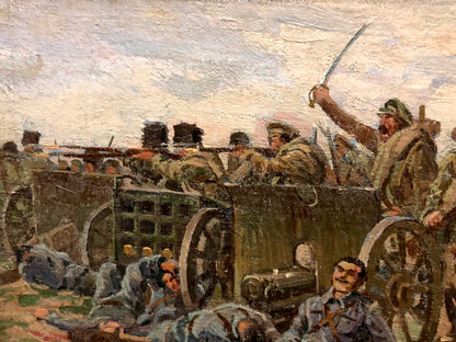 Oil painting by Buryachok Ivan Martynovich: soldiers on artillery carriage
