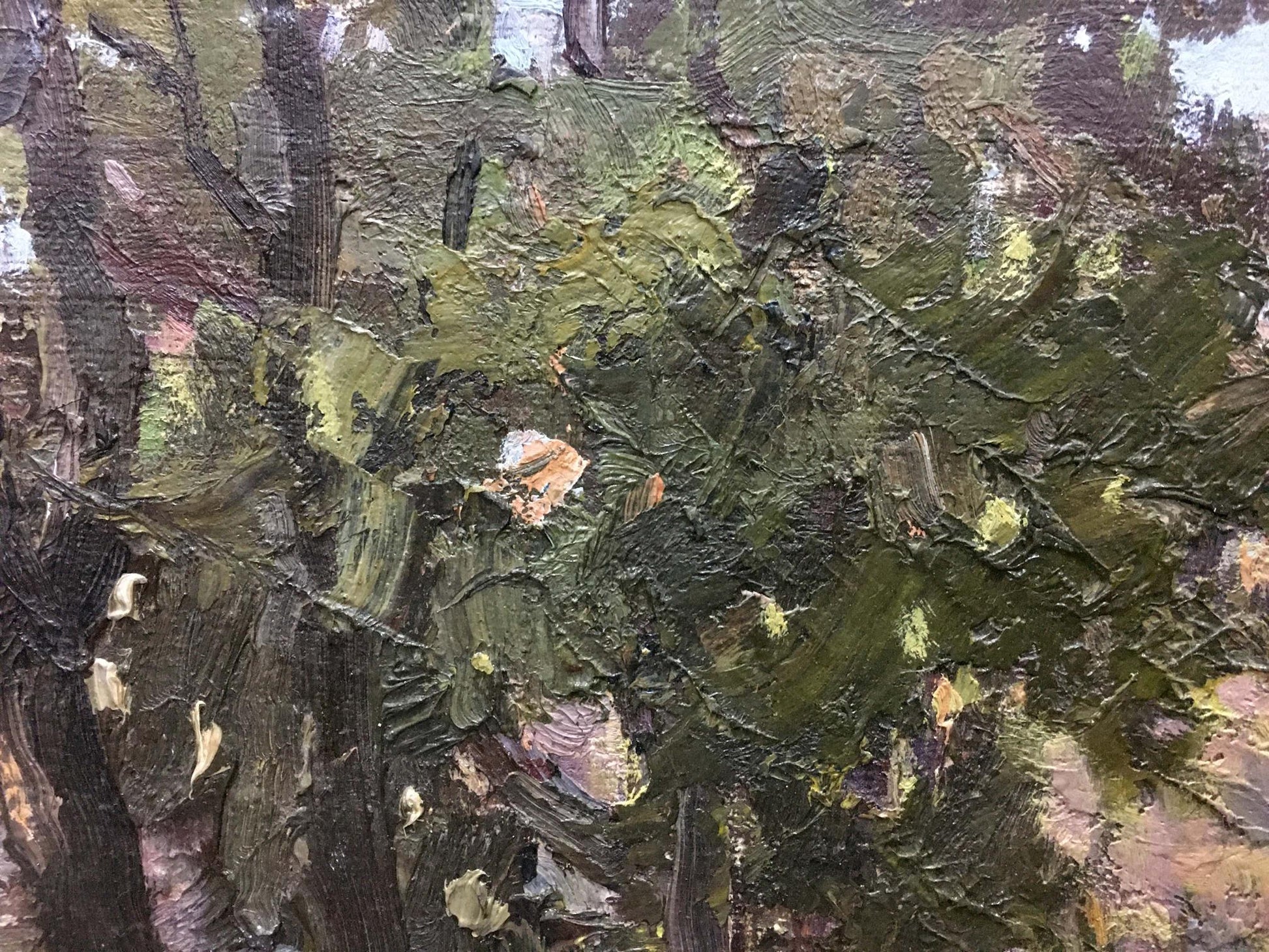 Textured oil painting of forest by D. Nevkrytyy with impasto strokes