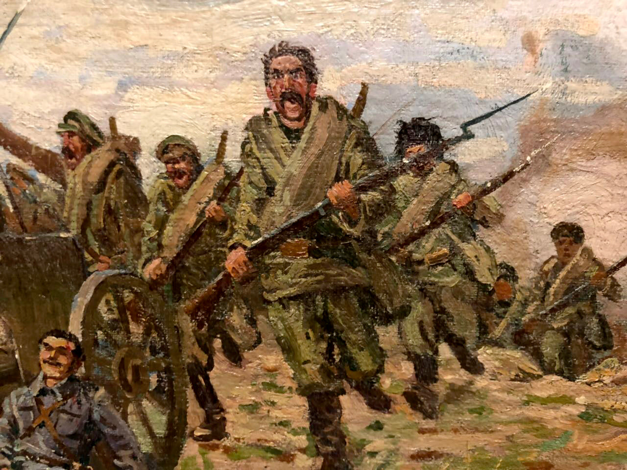 Oil painting by Buryachok Ivan Martynovich of soldiers advancing with rifles