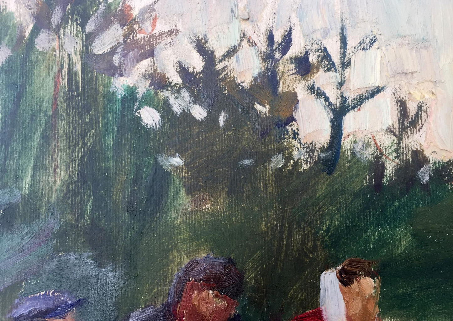 Oil painting by Tkachenko E: dark green trees with white blossoms, pale sky