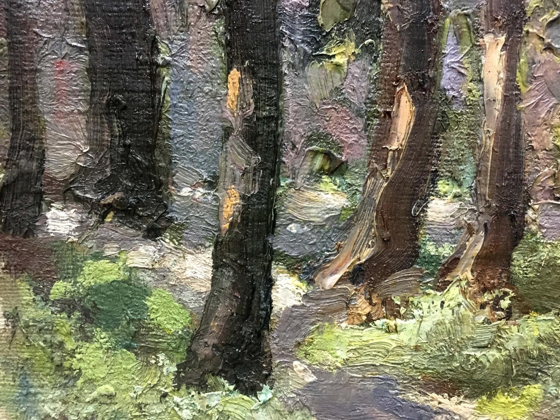Textured oil painting of Forest D. Nevkrytyy trees with mossy bark