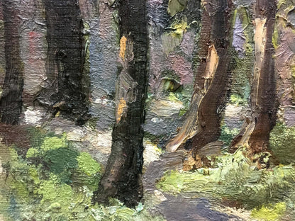 Textured oil painting of Forest D. Nevkrytyy trees with mossy bark