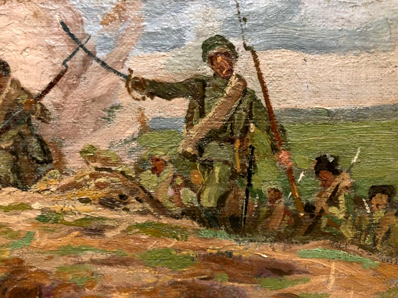 Oil painting by Buryachok Ivan Martynovich: soldier with sword and rifle on battlefield