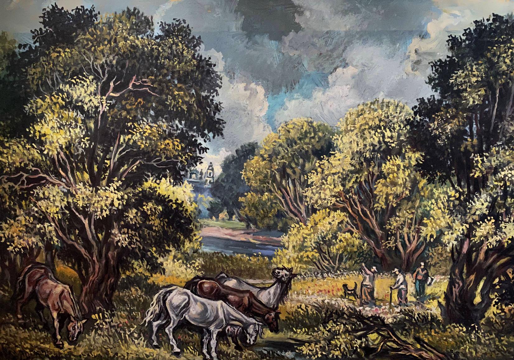 Oil painting of lush landscape with grazing horses by Litvinov